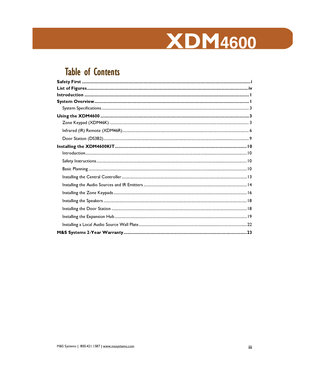 M&S Systems XDM4600 owner manual Table of Contents 