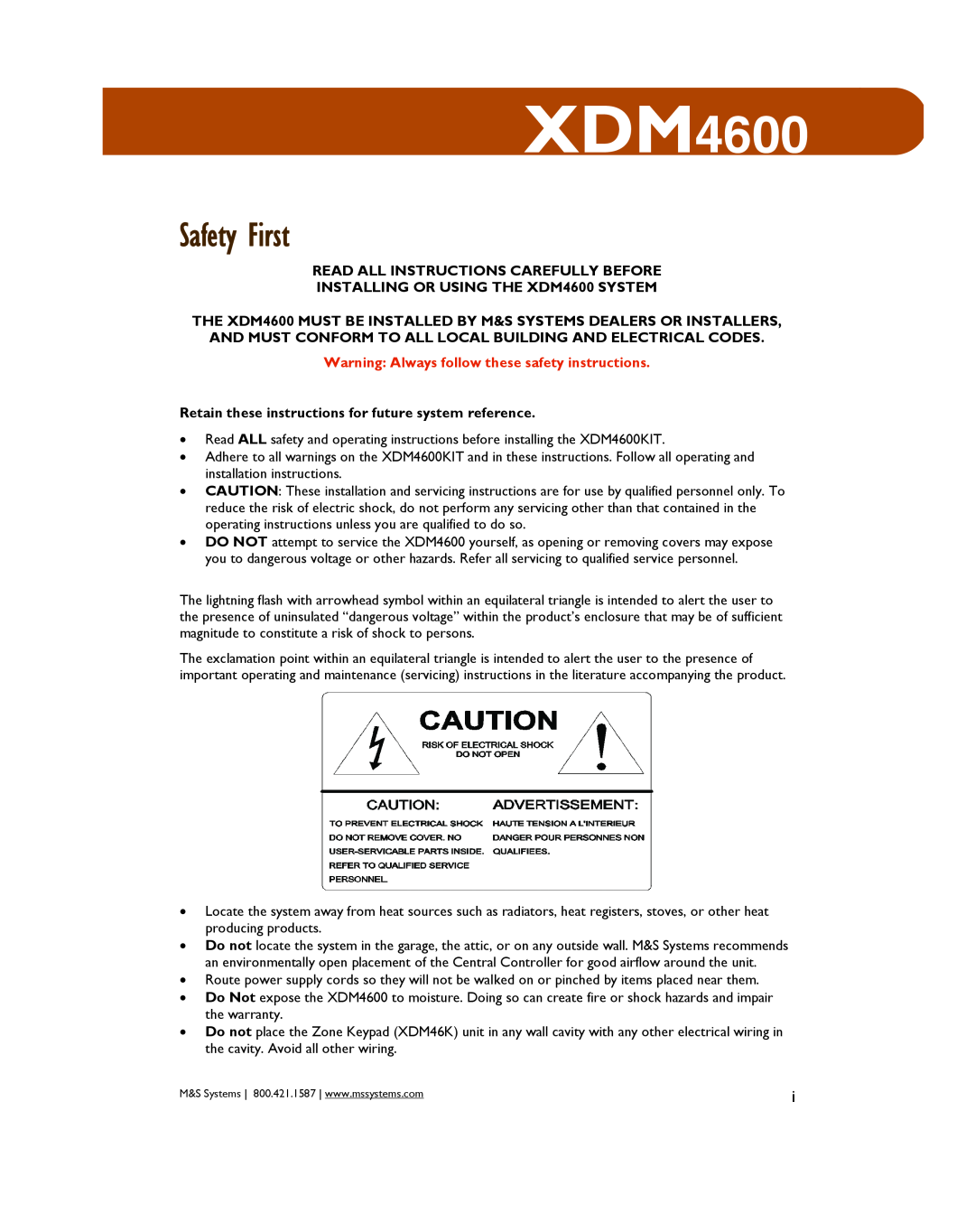 M&S Systems owner manual Safety First, Read All Instructions Carefully Before, INSTALLING OR USING THE XDM4600 SYSTEM 