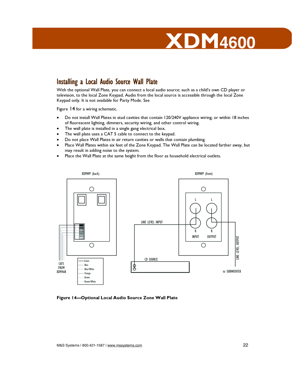 M&S Systems XDM4600 owner manual Installing a Local Audio Source Wall Plate 
