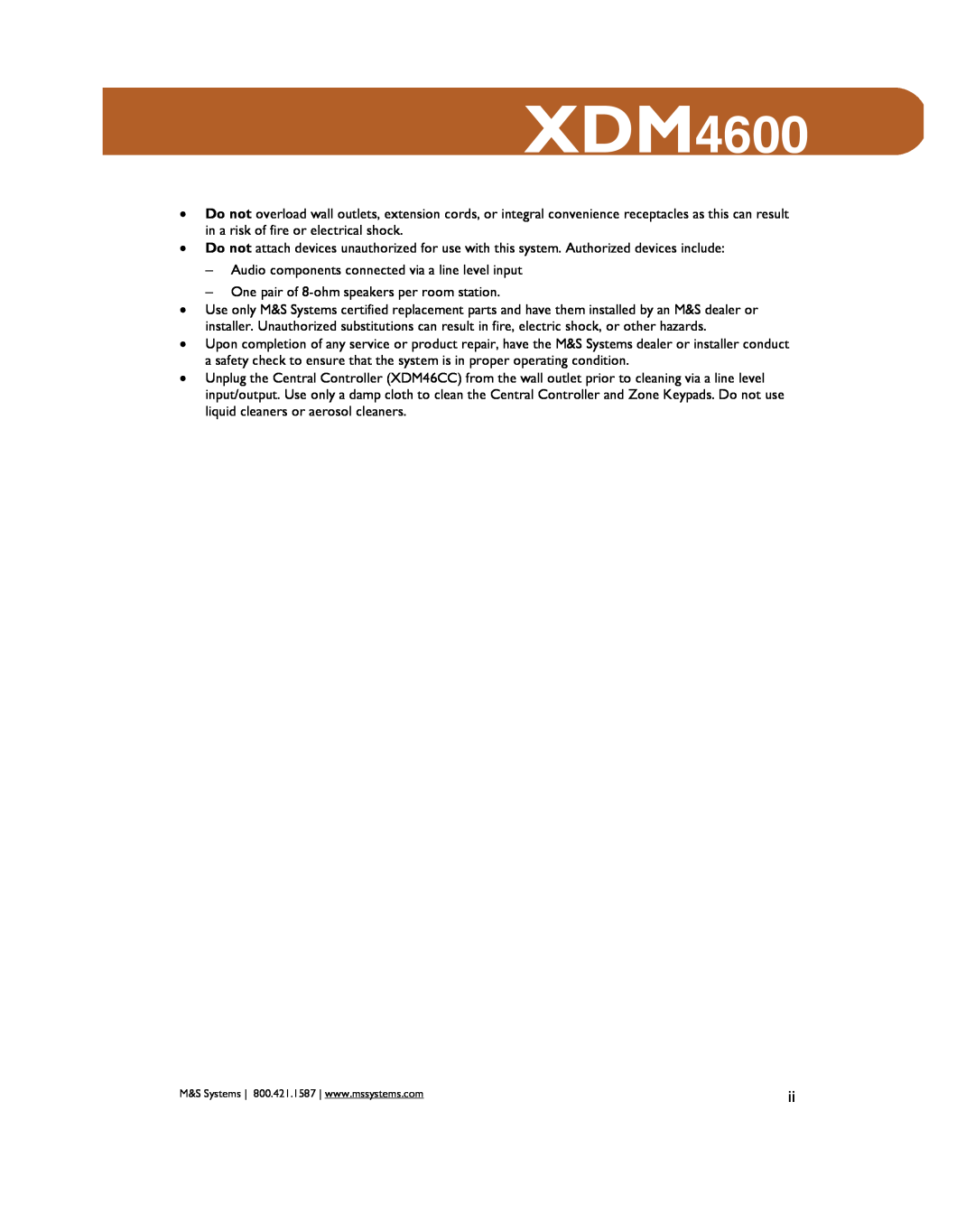 M&S Systems XDM4600 owner manual Audio components connected via a line level input 