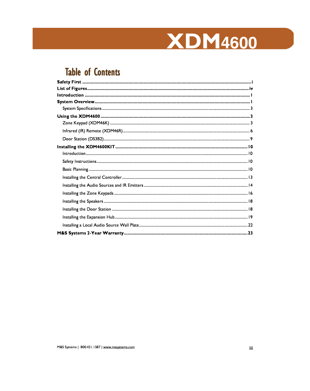 M&S Systems Table of Contents, Safety First, List of Figures, Introduction, System Overview, Using the XDM4600 