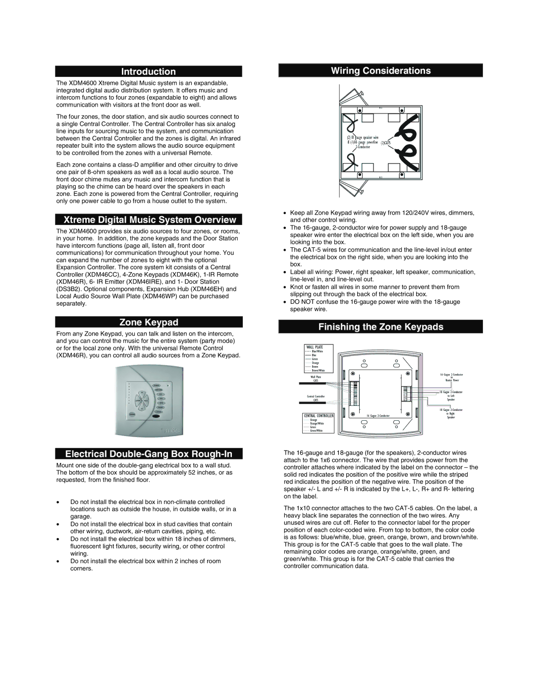 M&S Systems XDM46K Introduction, Xtreme Digital Music System Overview, Zone Keypad, Electrical Double-Gang Box Rough-In 