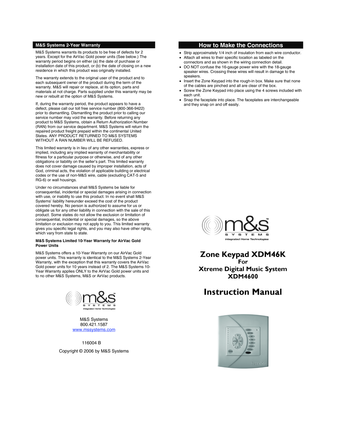 M&S Systems instruction manual How to Make the Connections, Instruction Manual, Zone Keypad XDM46K 