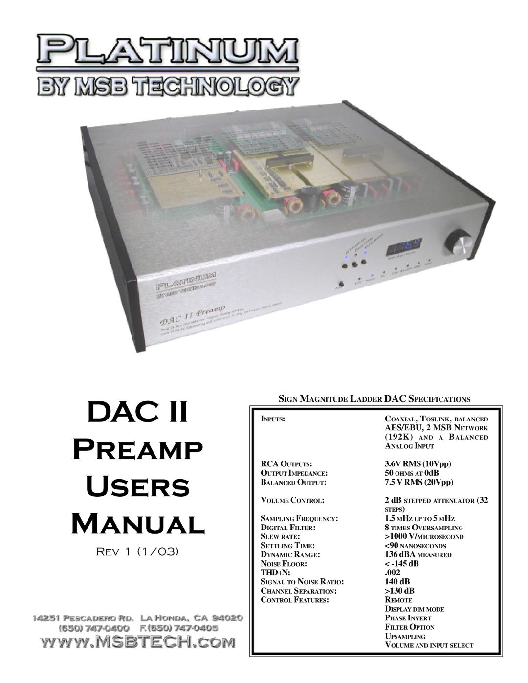 MSB Technology DAC II user manual 6V RMS 10Vpp, RMS 20Vpp, DBA Measured, 145 dB, 002, 140 dB, 130 dB 