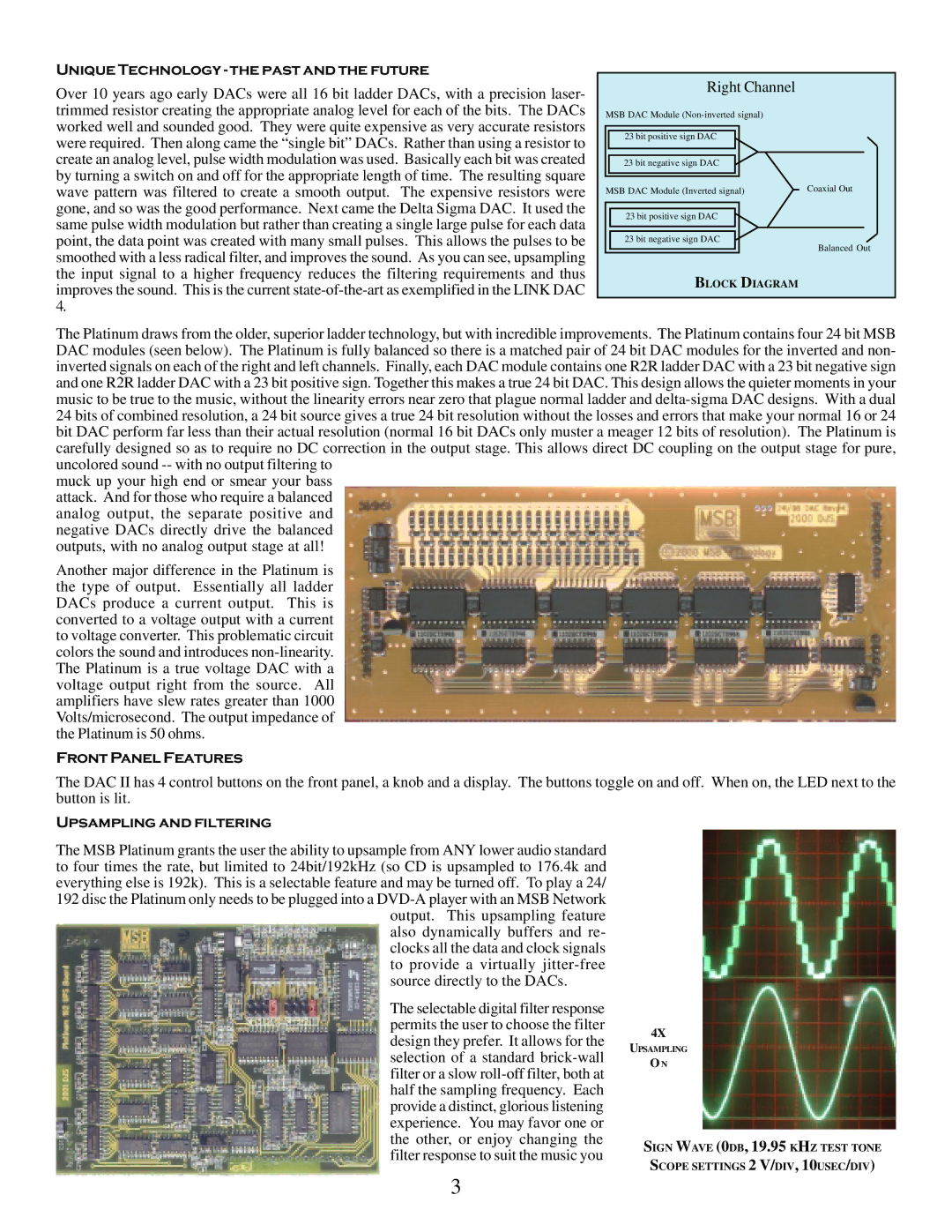 MSB Technology DAC II user manual Unique Technology the past and the future, Front Panel Features, Upsampling and filtering 