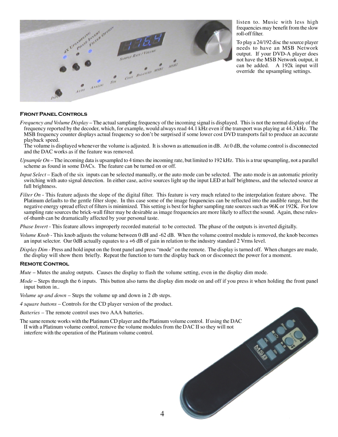 MSB Technology DAC II user manual Front Panel Controls, Remote Control 