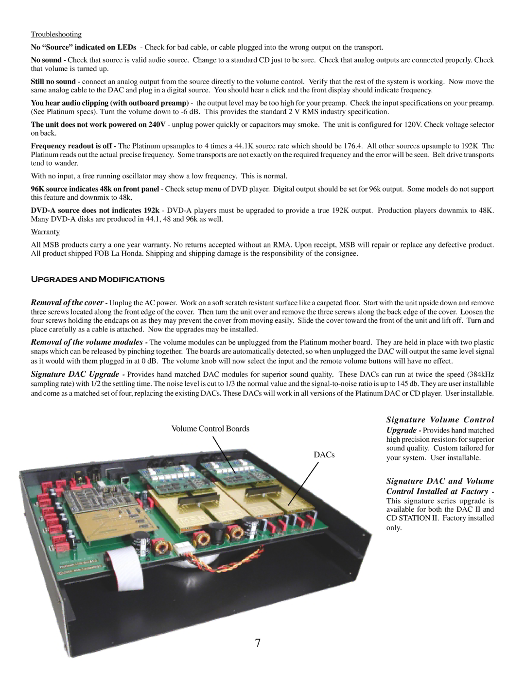 MSB Technology DAC II user manual Upgrades and Modifications, Signature Volume Control 