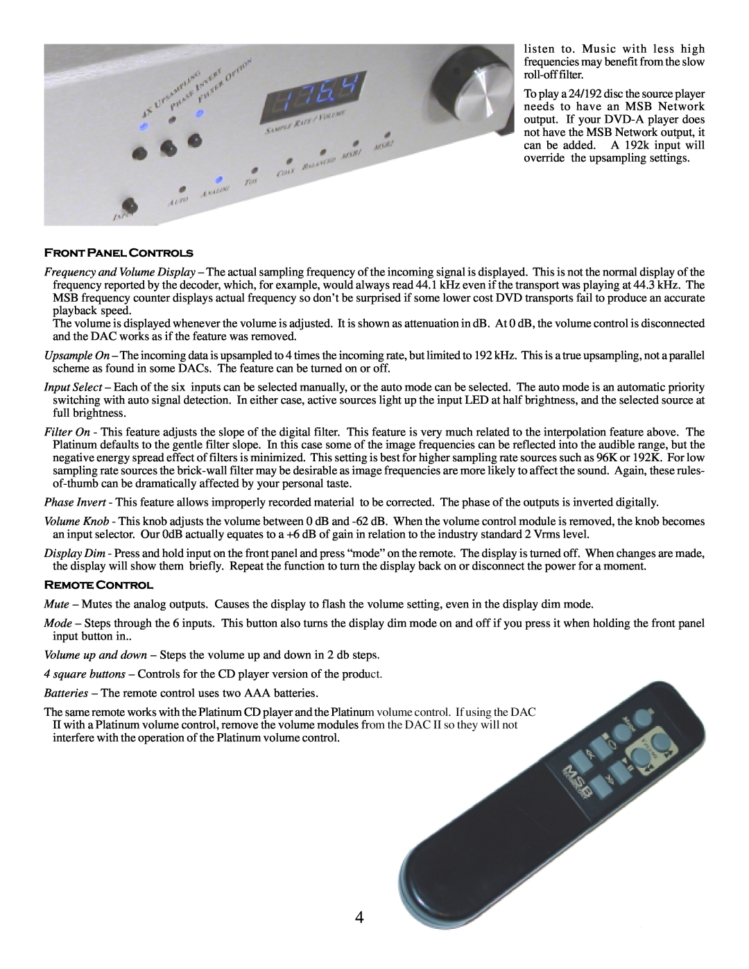 MSB Technology DAC II user manual Front Panel Controls, Remote Control 