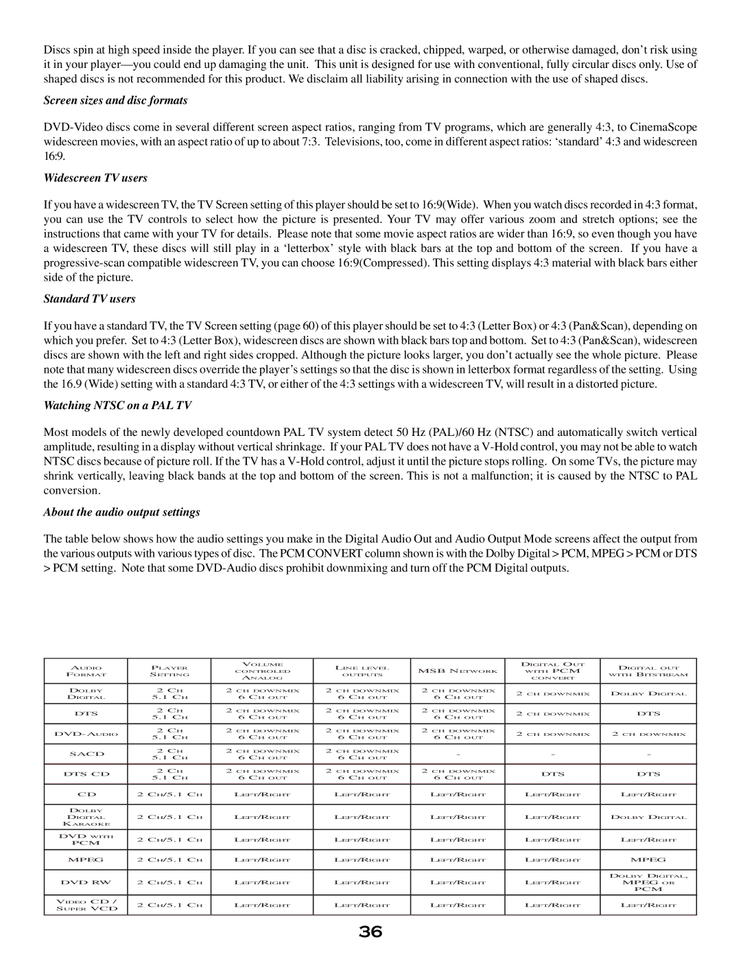 MSB Technology DVD Audio Player user manual Screen sizes and disc formats, Widescreen TV users, Standard TV users 
