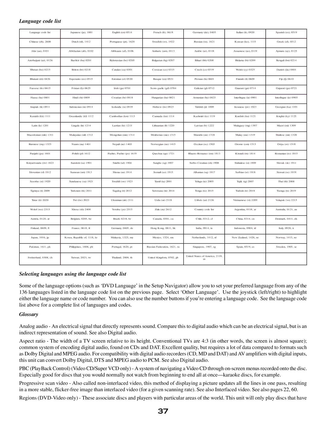 MSB Technology DVD Audio Player user manual Language code list, Selecting languages using the language code list, Glossary 