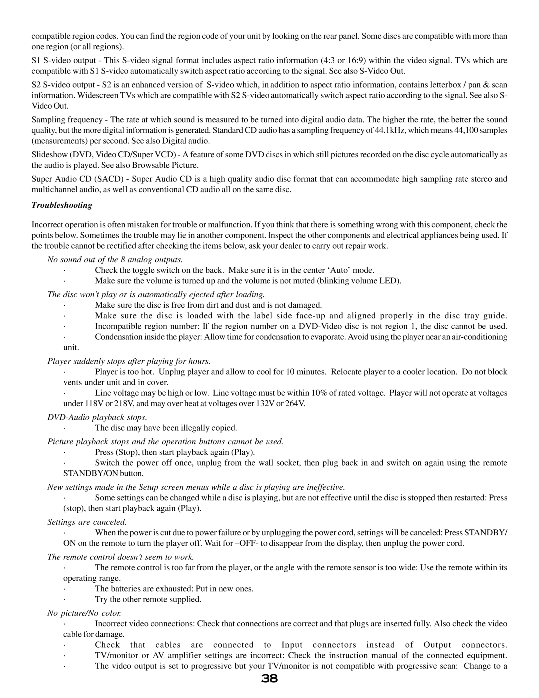 MSB Technology DVD Audio Player user manual Troubleshooting, No sound out of the 8 analog outputs 