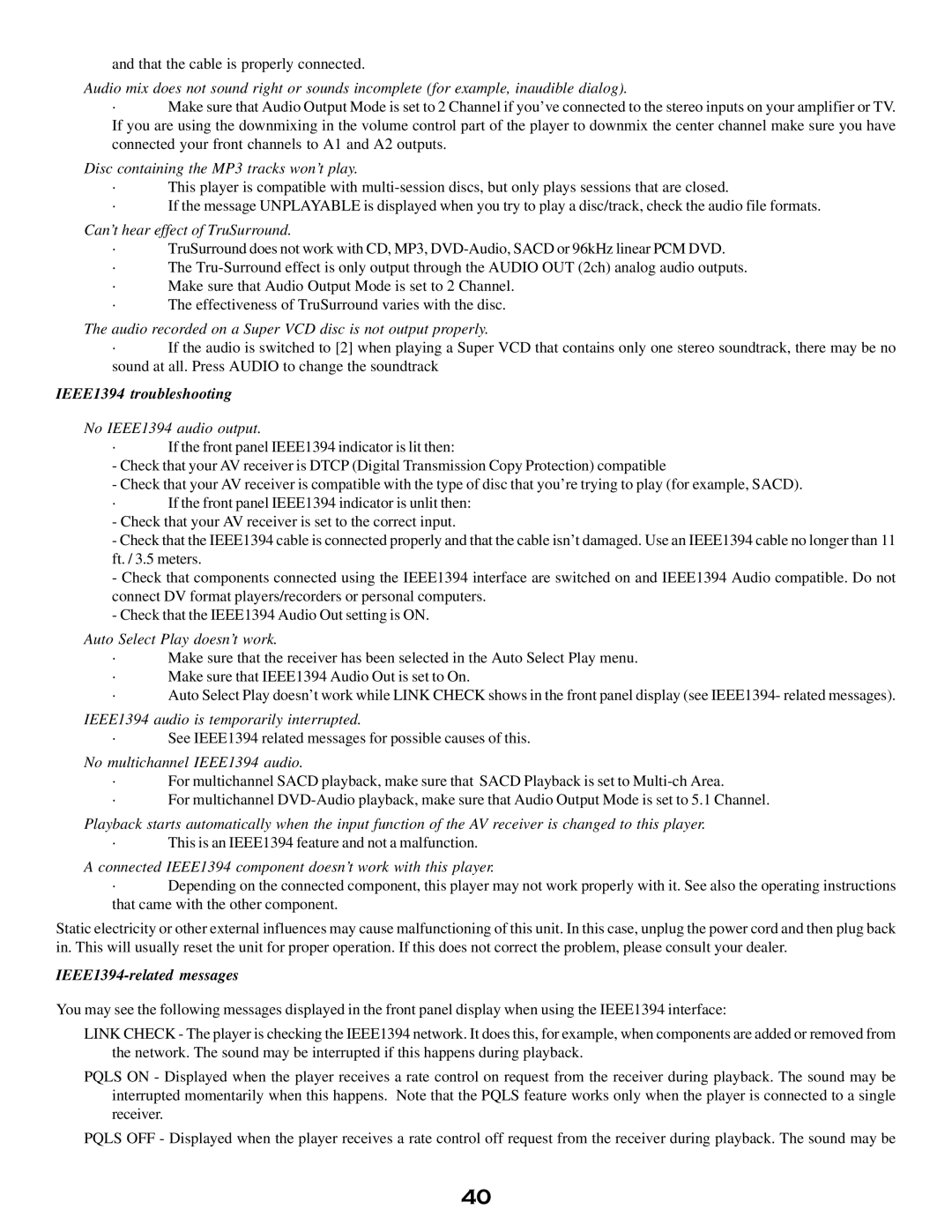 MSB Technology DVD Audio Player user manual IEEE1394 troubleshooting, IEEE1394-related messages 