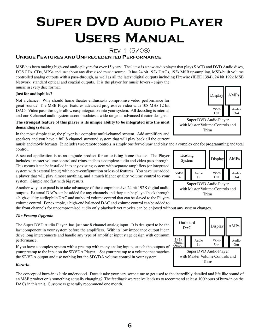 MSB Technology DVD Audio Player user manual Unique Features and Unprecedented Performance, Preamp Upgrade, Burn-In 