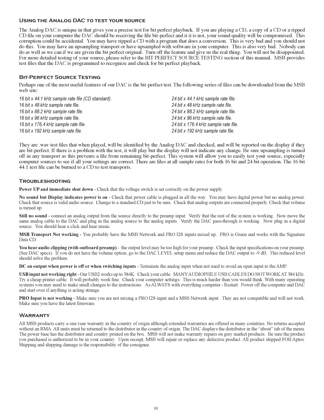 MSB Technology Rev 1 (10 2012) user manual BIT-PERFECT Source Testing, Troubleshooting, Warranty 