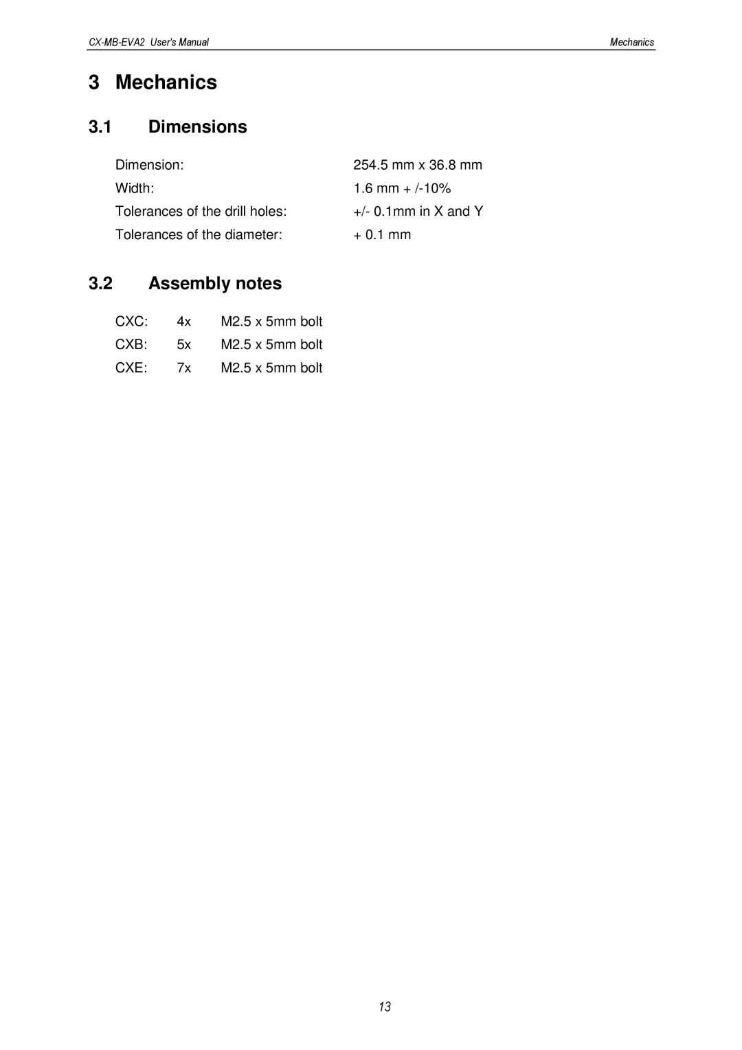 MSC CX-MB-EVA2 user manual Dimensions, Assembly notes 