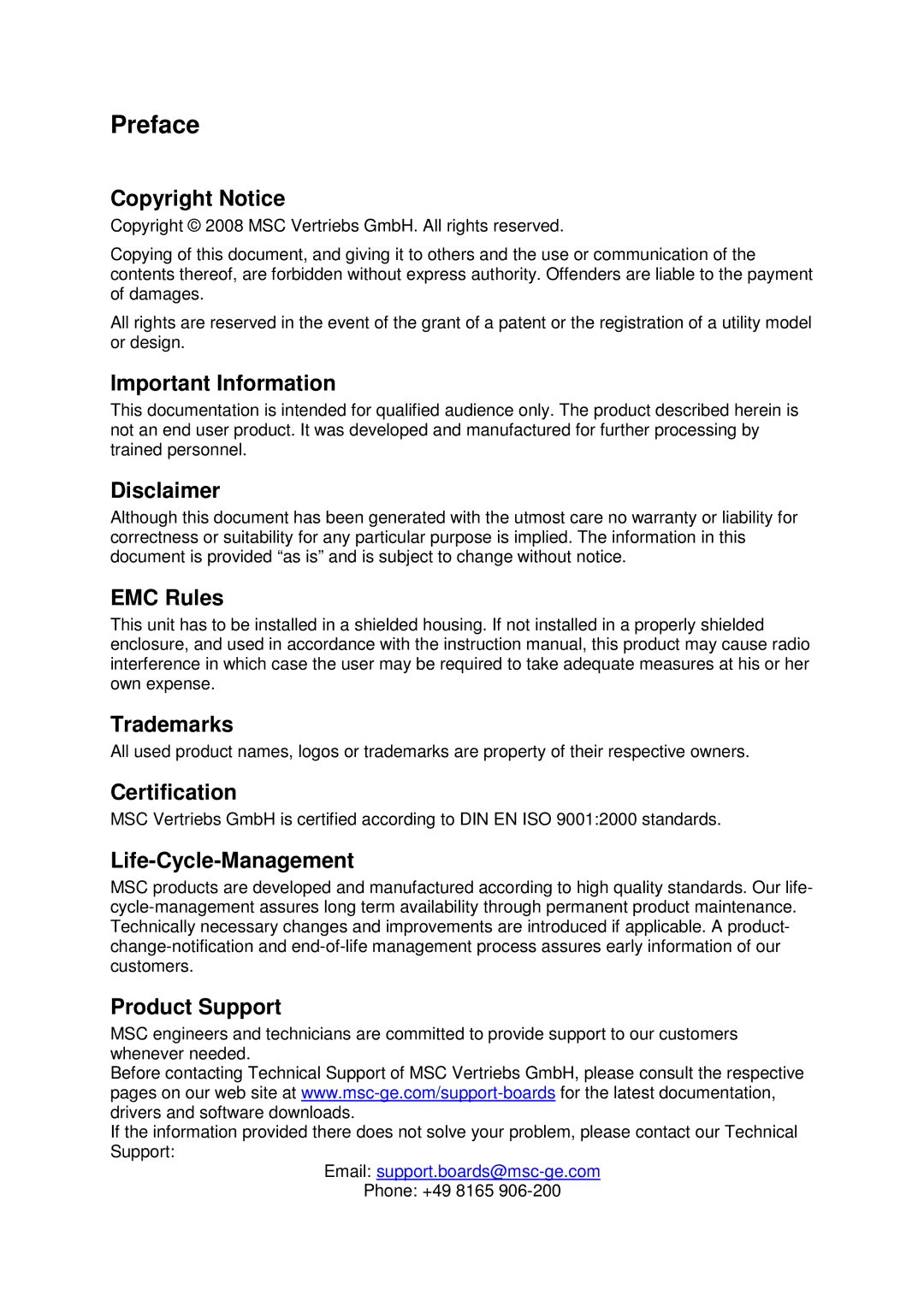 MSC CX-MB-EVA2 Copyright Notice, Important Information, Disclaimer, EMC Rules Trademarks, Certification, Product Support 