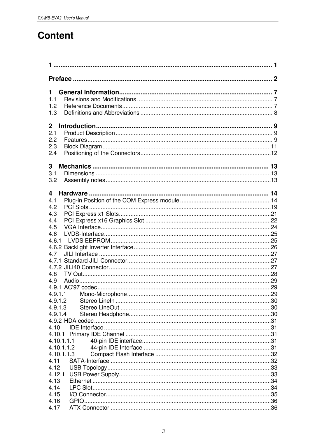 MSC CX-MB-EVA2 user manual Preface General Information, Introduction, Mechanics, Hardware 