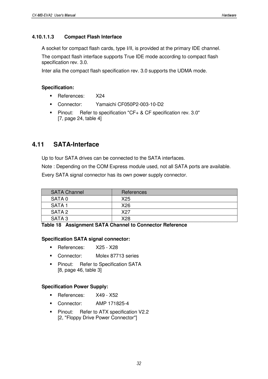 MSC CX-MB-EVA2 user manual SATA-Interface, Compact Flash Interface, Specification Power Supply 