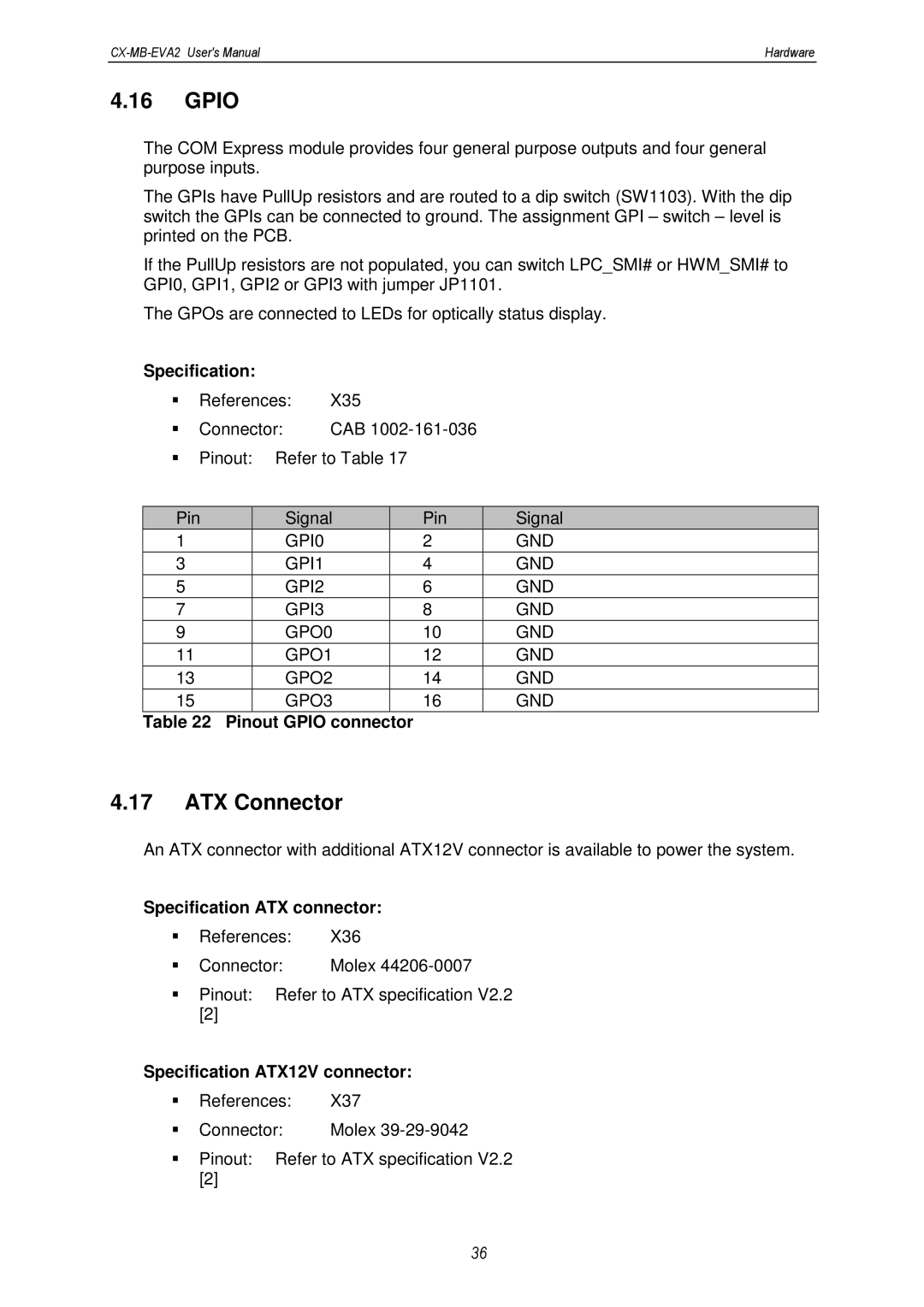 MSC CX-MB-EVA2 user manual Gpio, ATX Connector, Specification ATX connector, Specification ATX12V connector 