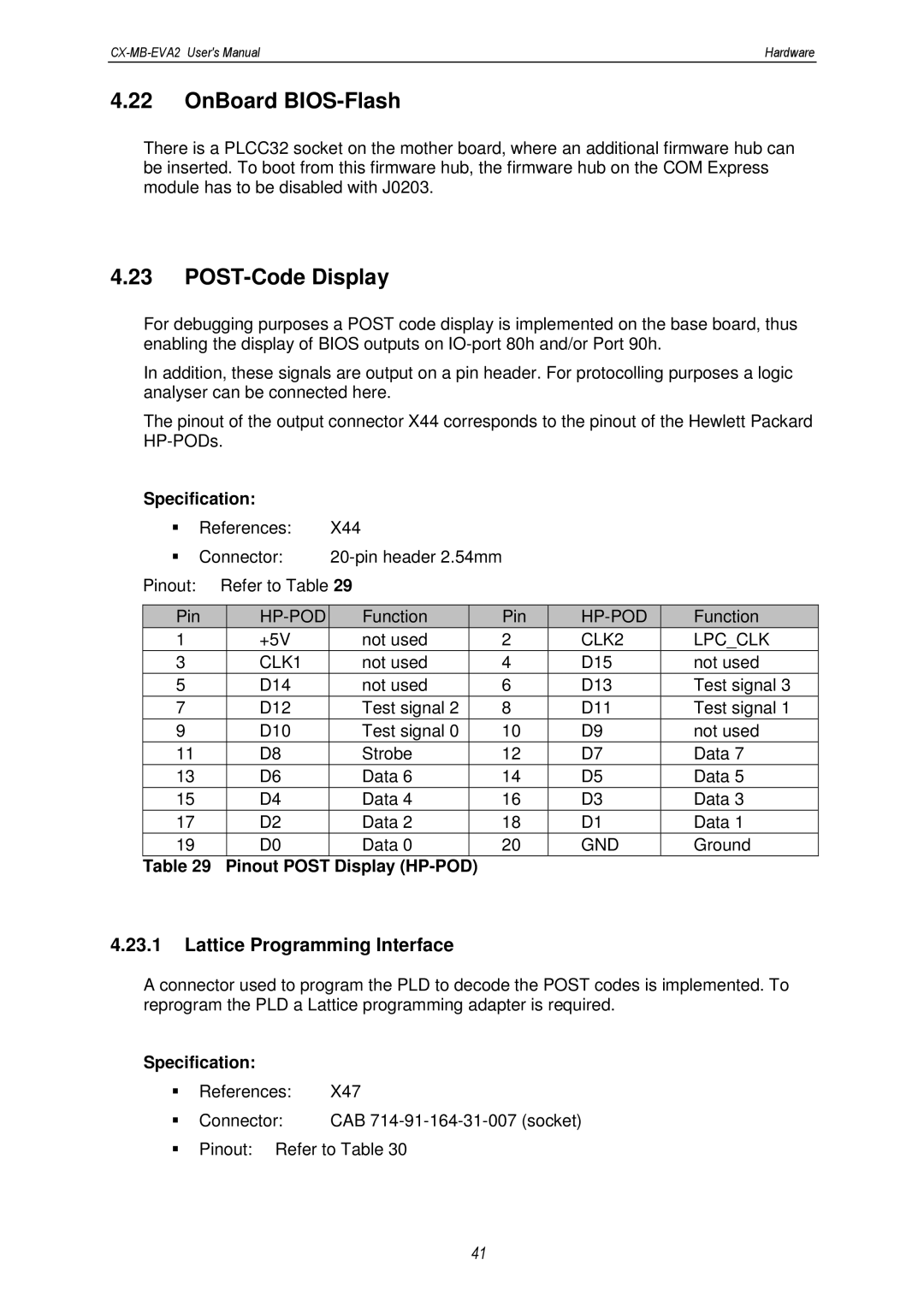 MSC CX-MB-EVA2 user manual OnBoard BIOS-Flash, POST-Code Display, Lattice Programming Interface 