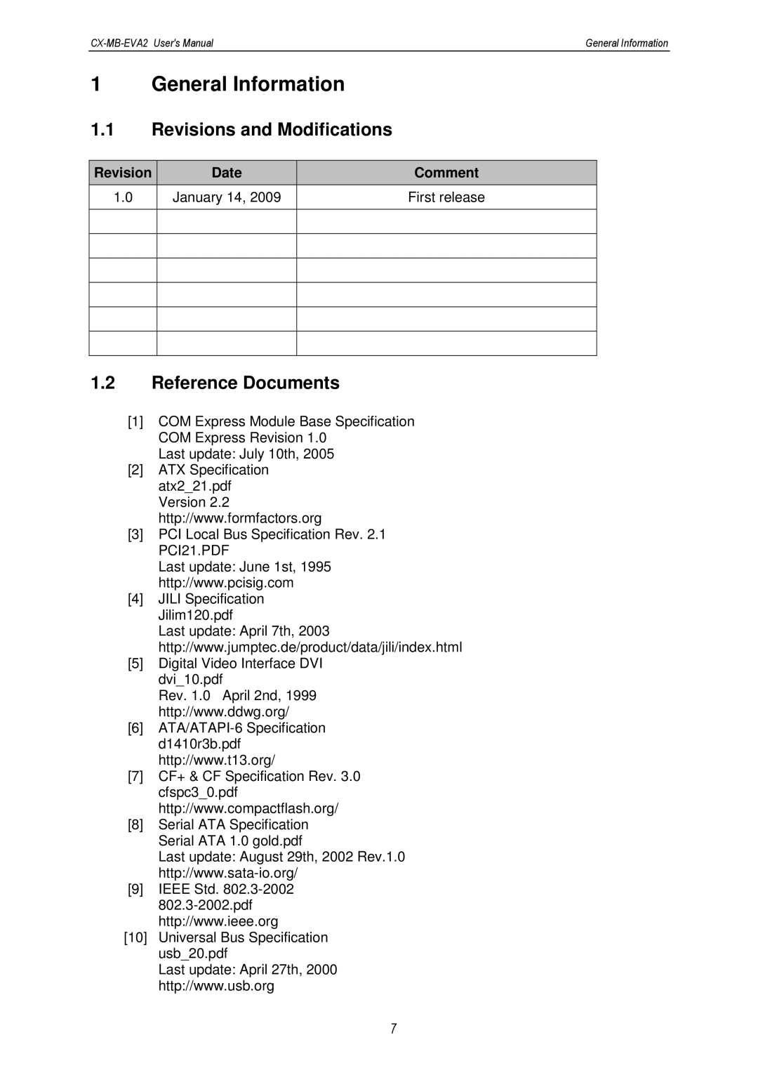 MSC CX-MB-EVA2 user manual Revisions and Modifications, Reference Documents, Revision Date Comment January 14 First release 