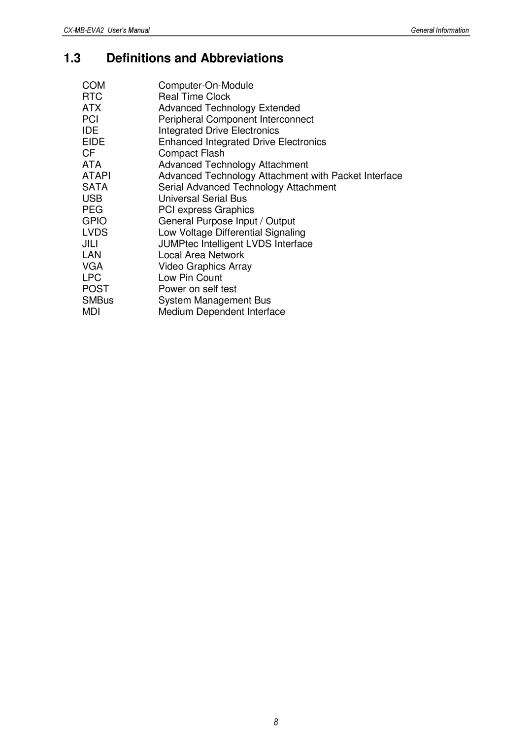 MSC CX-MB-EVA2 user manual Definitions and Abbreviations 