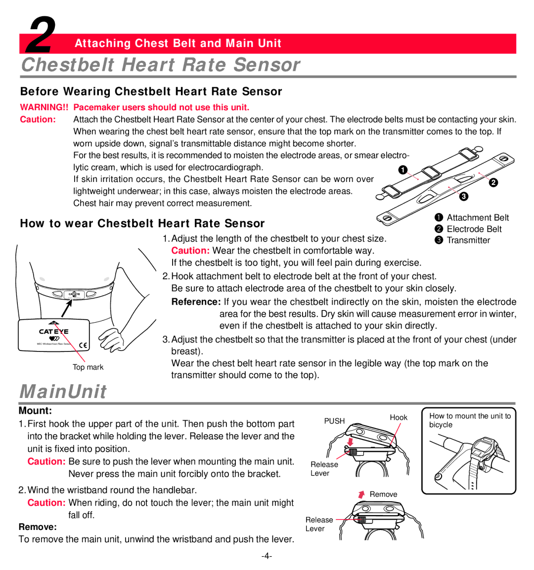 MSC Heart Rate Monitor user manual Chestbelt Heart Rate Sensor, MainUnit, Attaching Chest Belt and Main Unit 