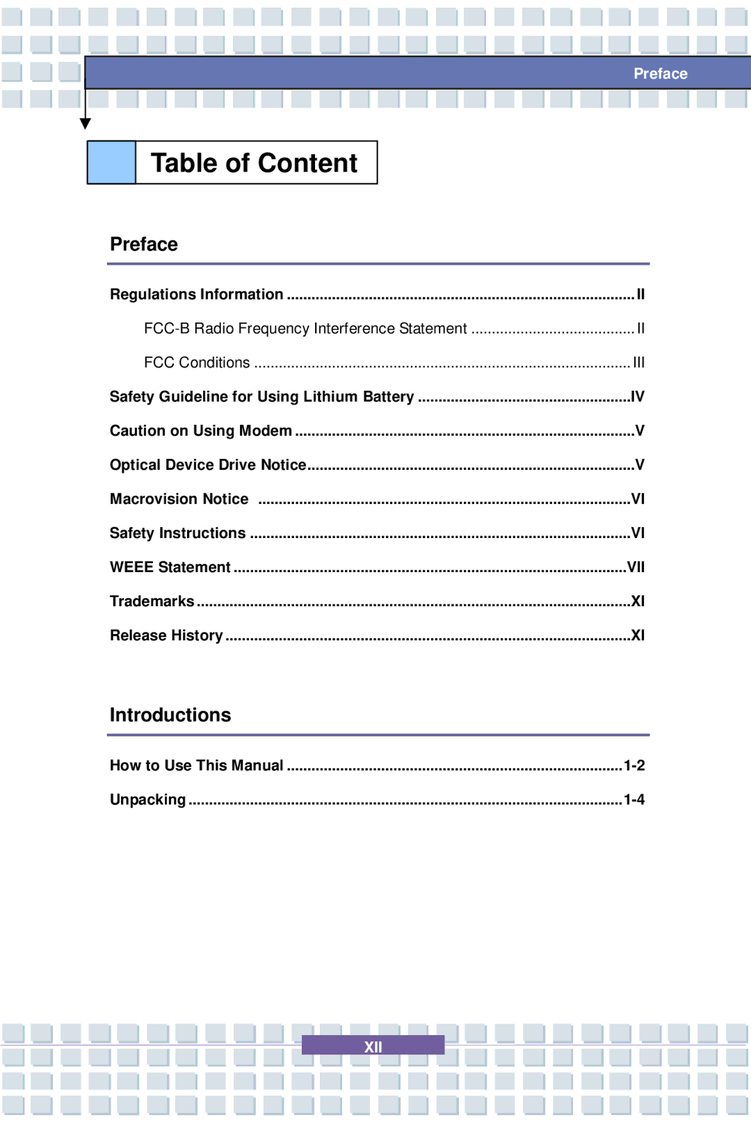 MSI 1637, EX600 YA Edition manual Table of Content, Preface, Introductions, FCC-B Radio Frequency Interference Statement 