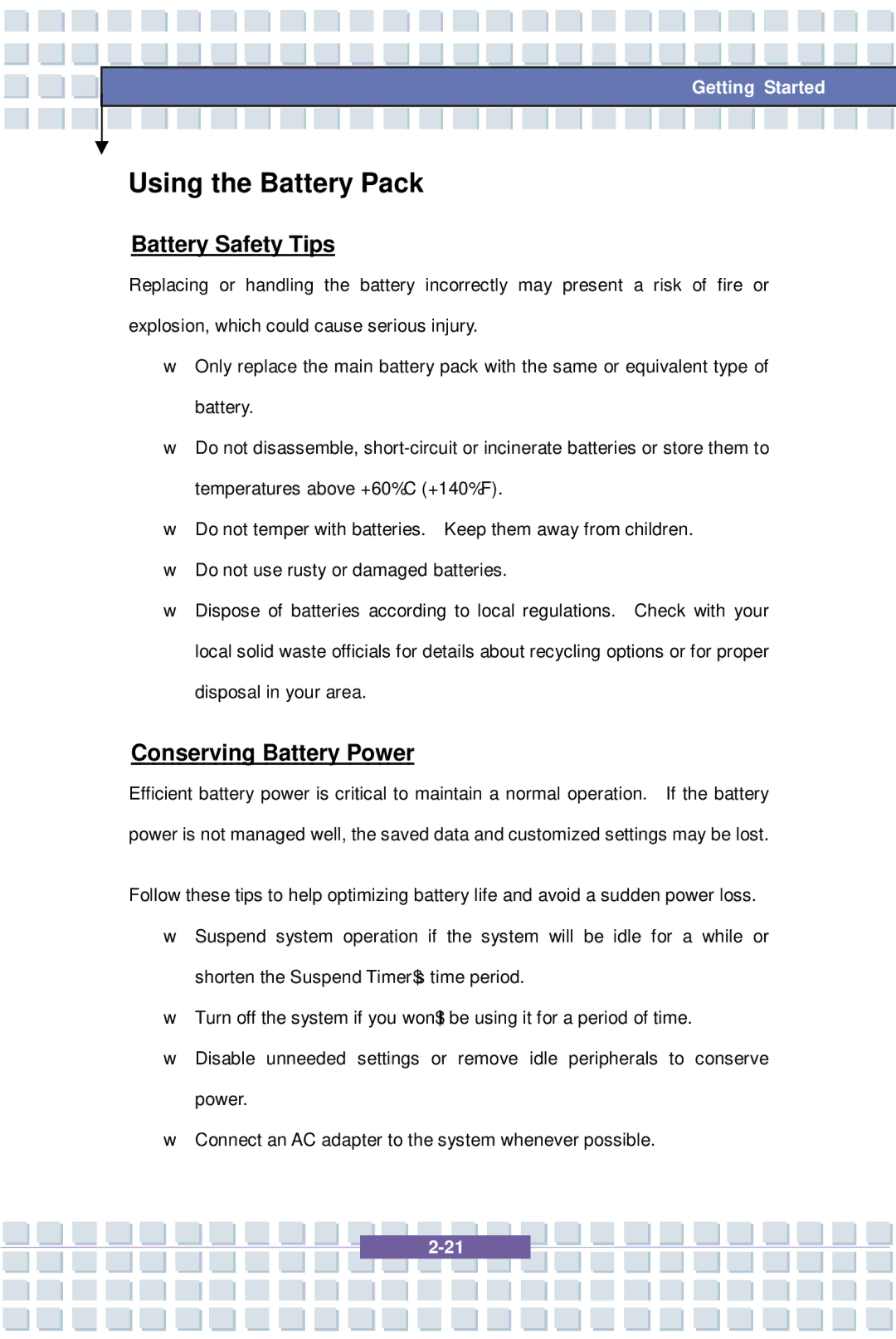 MSI EX600 YA Edition, 1637 manual Using the Battery Pack, Battery Safety Tips, Conserving Battery Power 