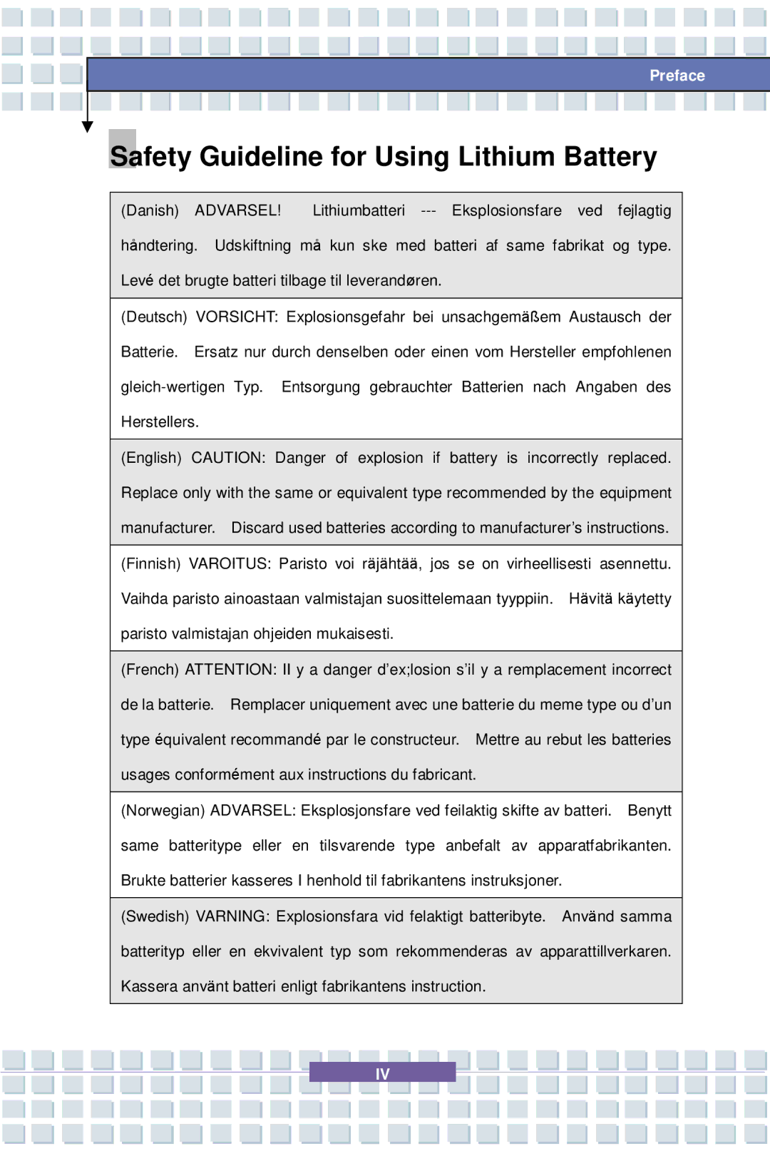 MSI 1637, EX600 YA Edition manual Safety Guideline for Using Lithium Battery 