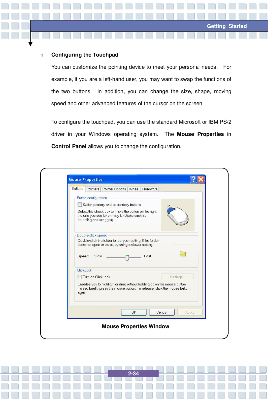 MSI 1637, EX600 YA Edition manual Configuring the Touchpad, Mouse Properties Window 
