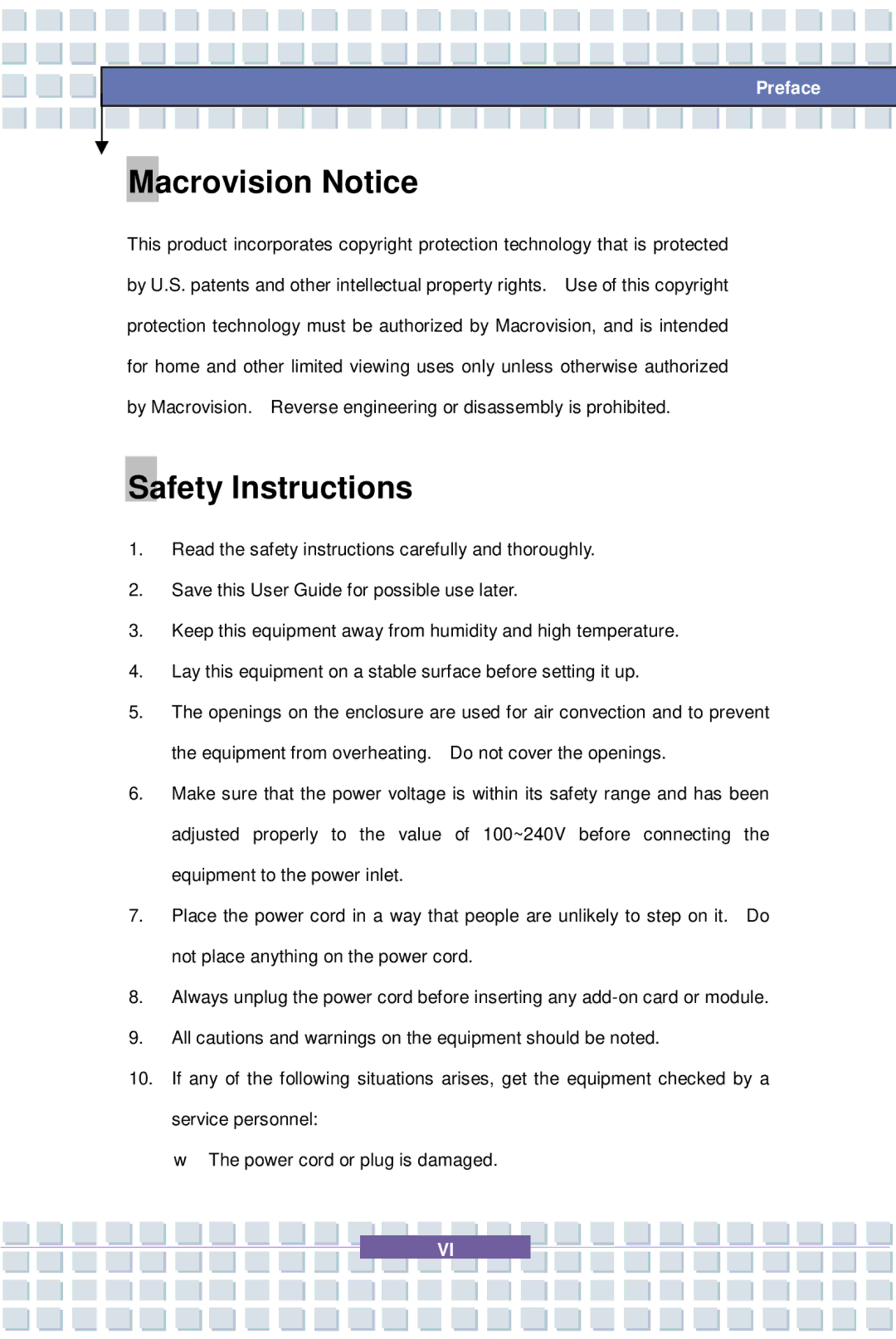 MSI 1637, EX600 YA Edition manual Macrovision Notice, Safety Instructions 