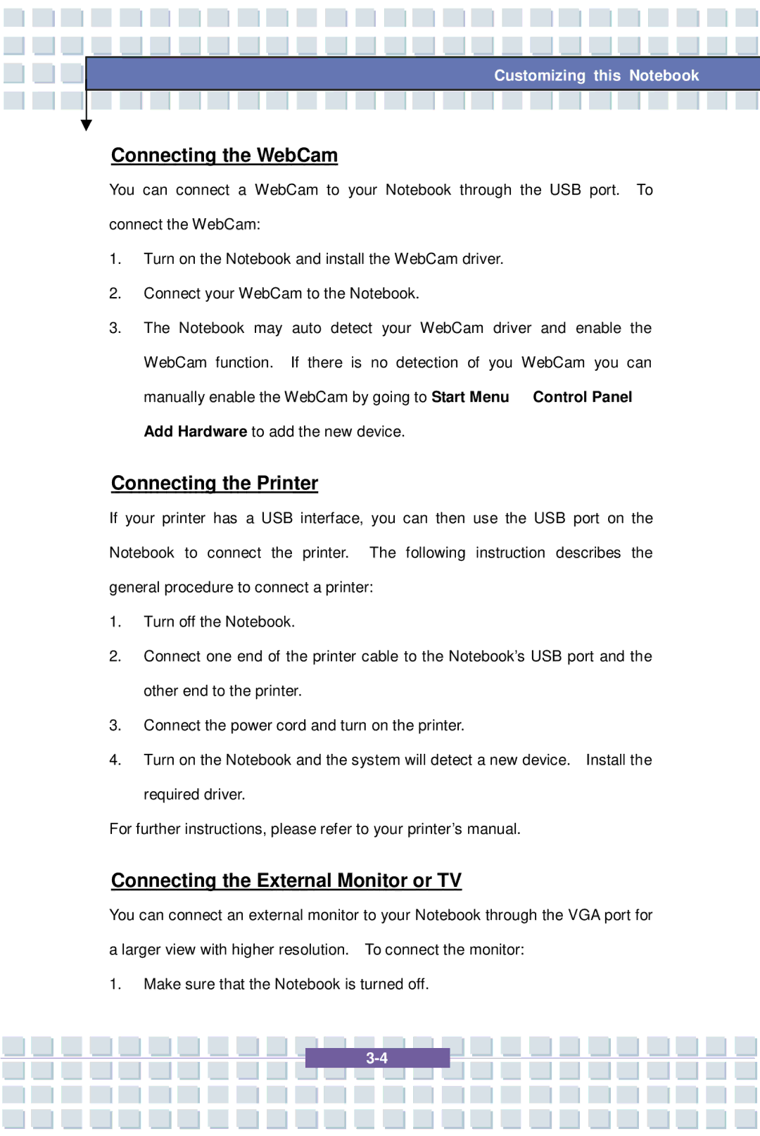 MSI 1637, EX600 YA Edition manual Connecting the WebCam, Connecting the Printer, Connecting the External Monitor or TV 