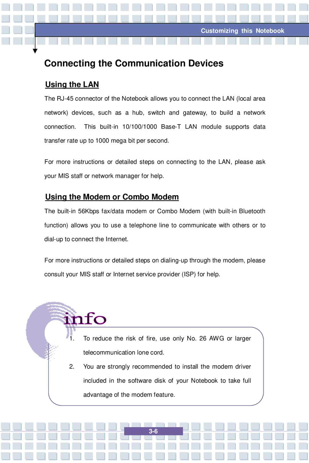 MSI 1637, EX600 YA Edition manual Connecting the Communication Devices, Using the LAN, Using the Modem or Combo Modem 