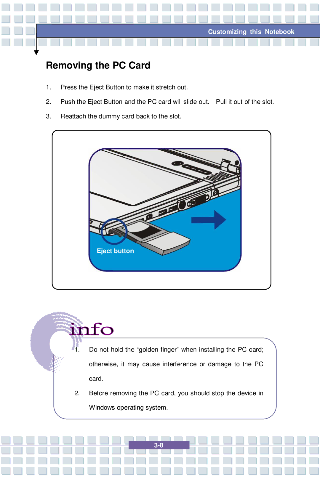 MSI 1637, EX600 YA Edition manual Removing the PC Card, Eject button 