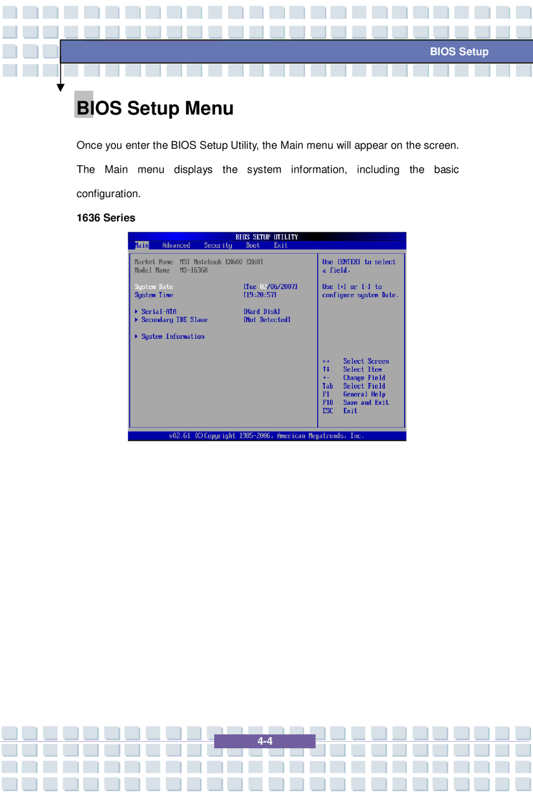 MSI EX600 YA Edition, 1637 manual Bios Setup Menu, Series 