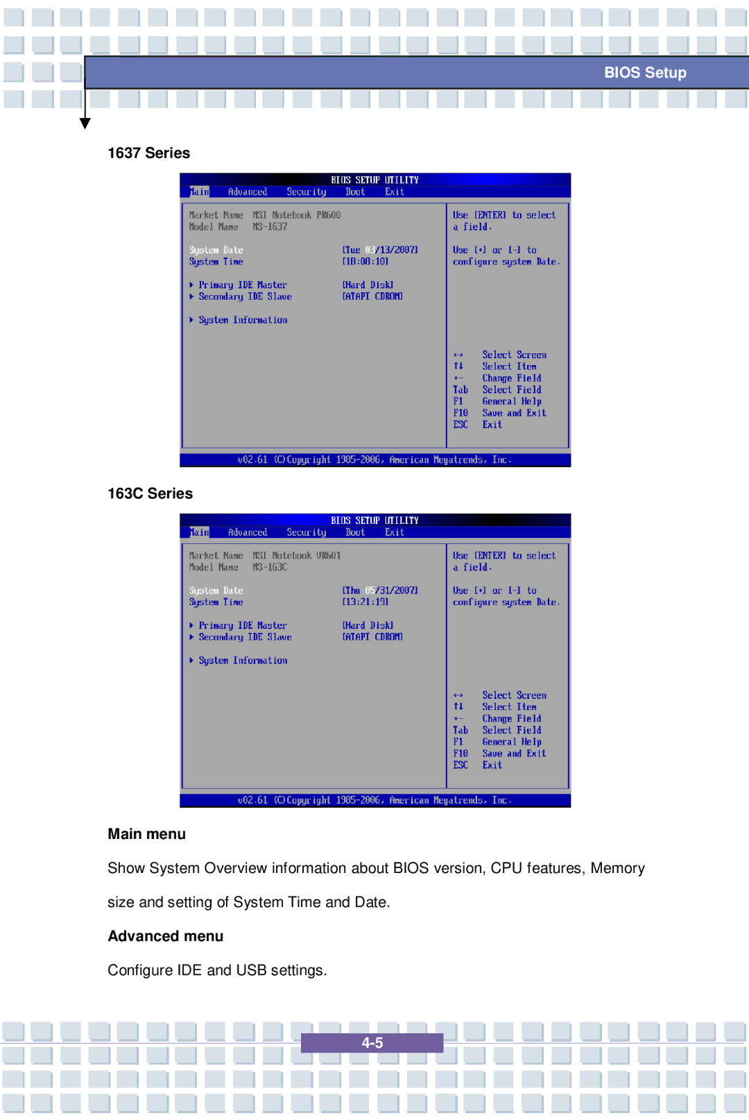 MSI 1637, EX600 YA Edition manual Series 163C Series Main menu, Advanced menu 