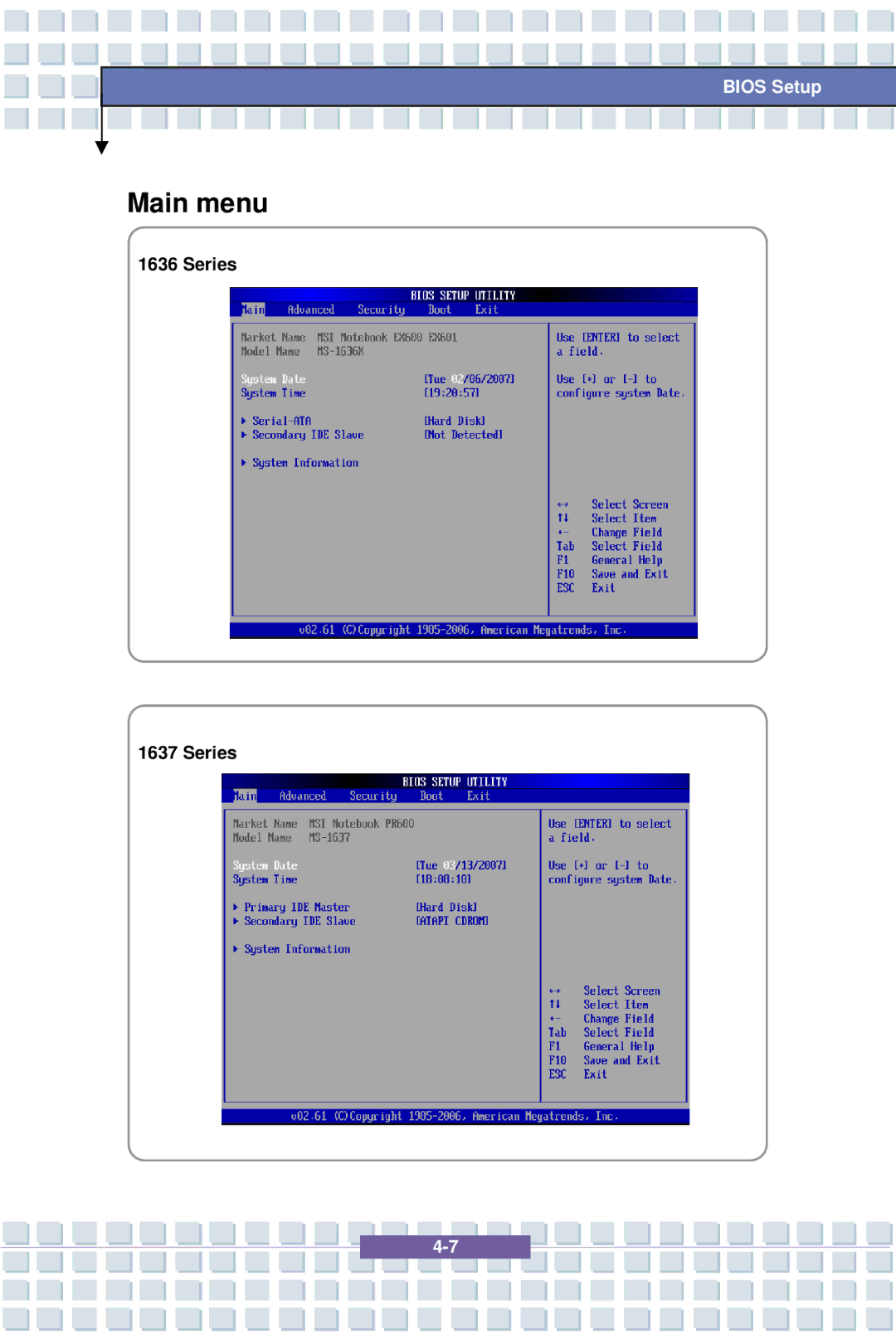 MSI 1637, EX600 YA Edition manual Main menu, Series 