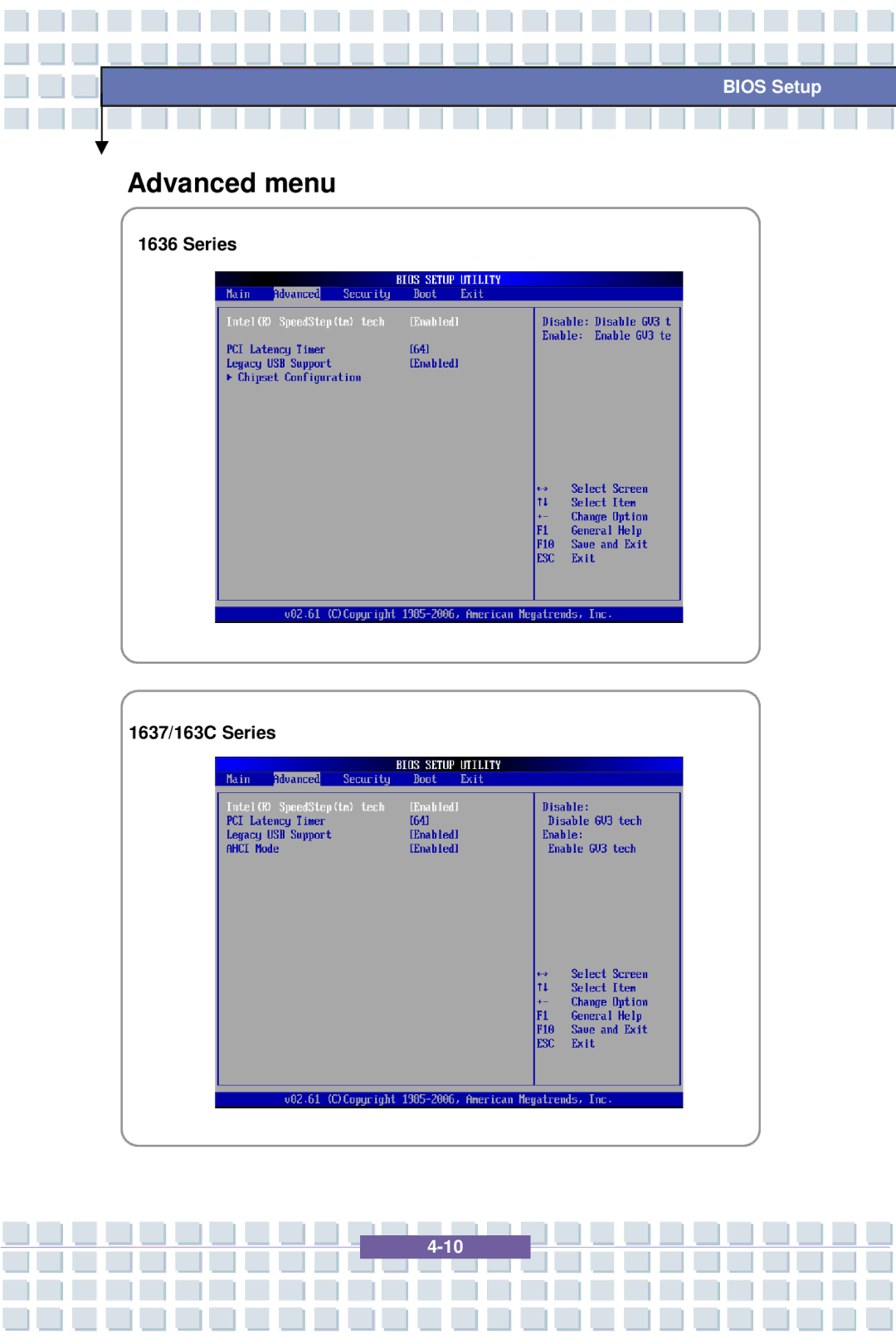 MSI EX600 YA Edition manual Advanced menu, Series 1637/163C Series 