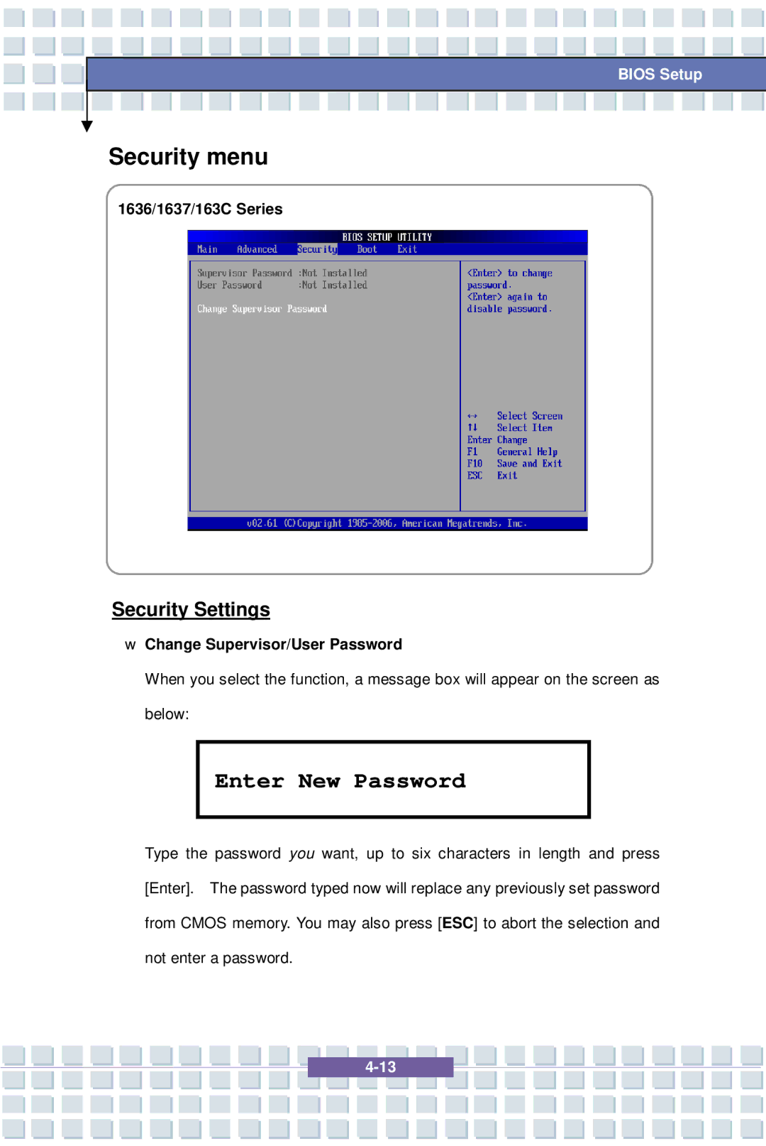 MSI EX600 YA Edition manual Security menu, Security Settings, 1636/1637/163C Series, Change Supervisor/User Password 