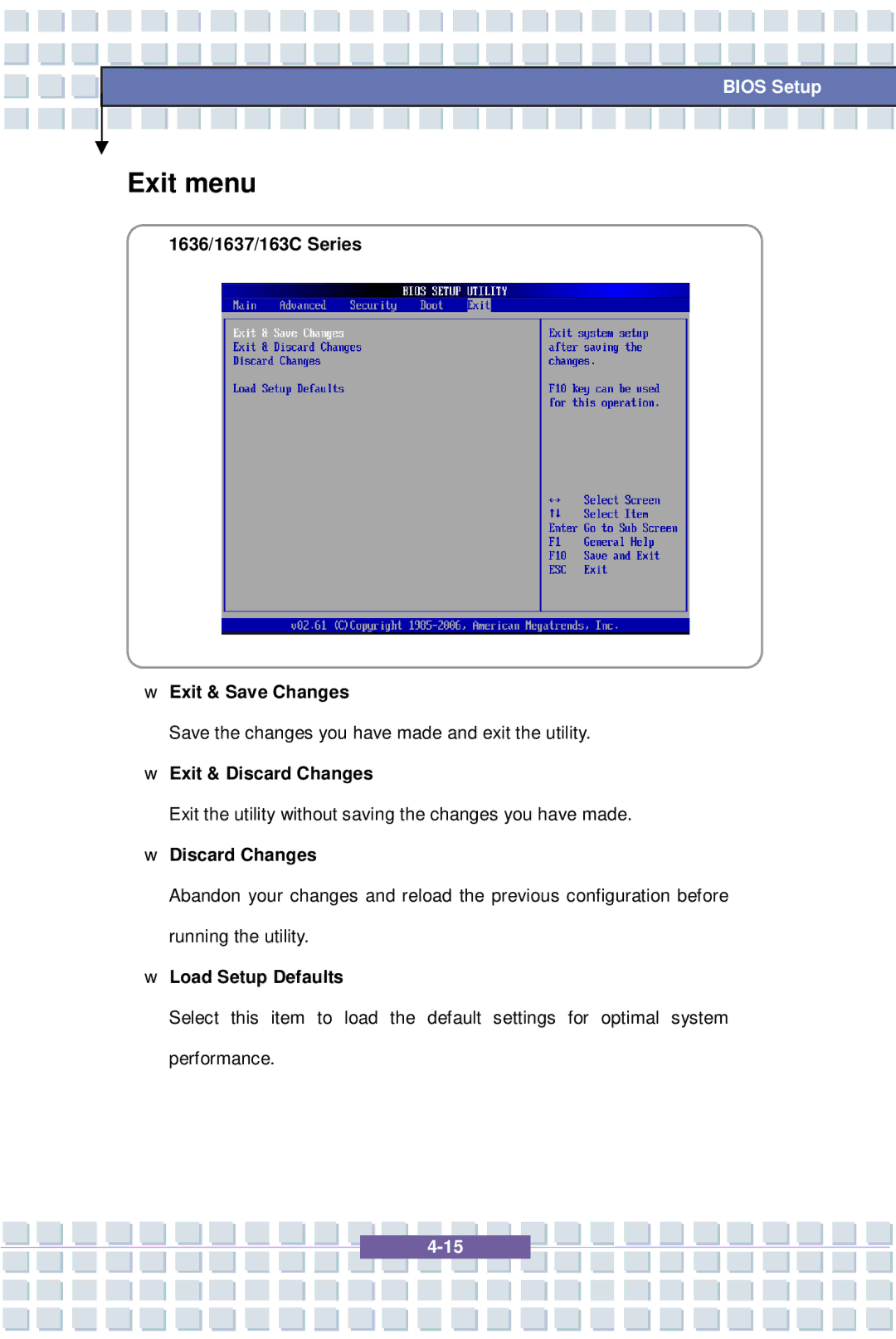 MSI EX600 YA Edition Exit menu, 1636/1637/163C Series Exit & Save Changes, Exit & Discard Changes, Load Setup Defaults 