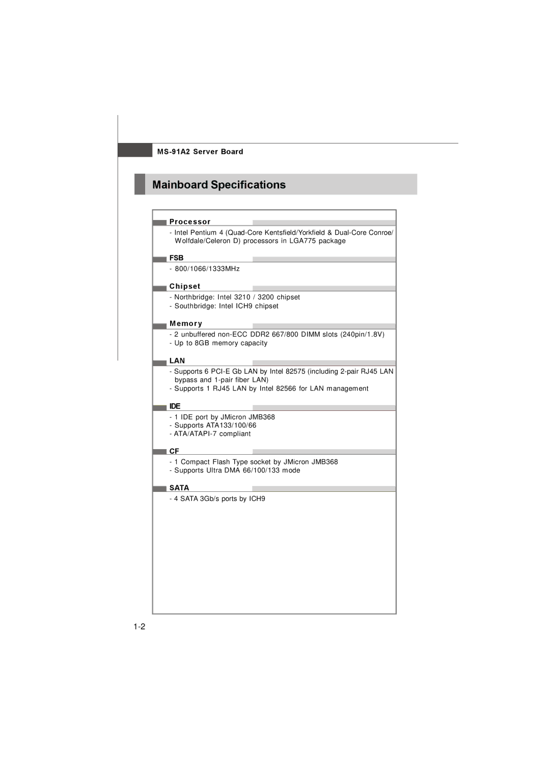 MSI 3200 Network manual Mainboard Specifications, Fsb, Lan, Ide, Sata 