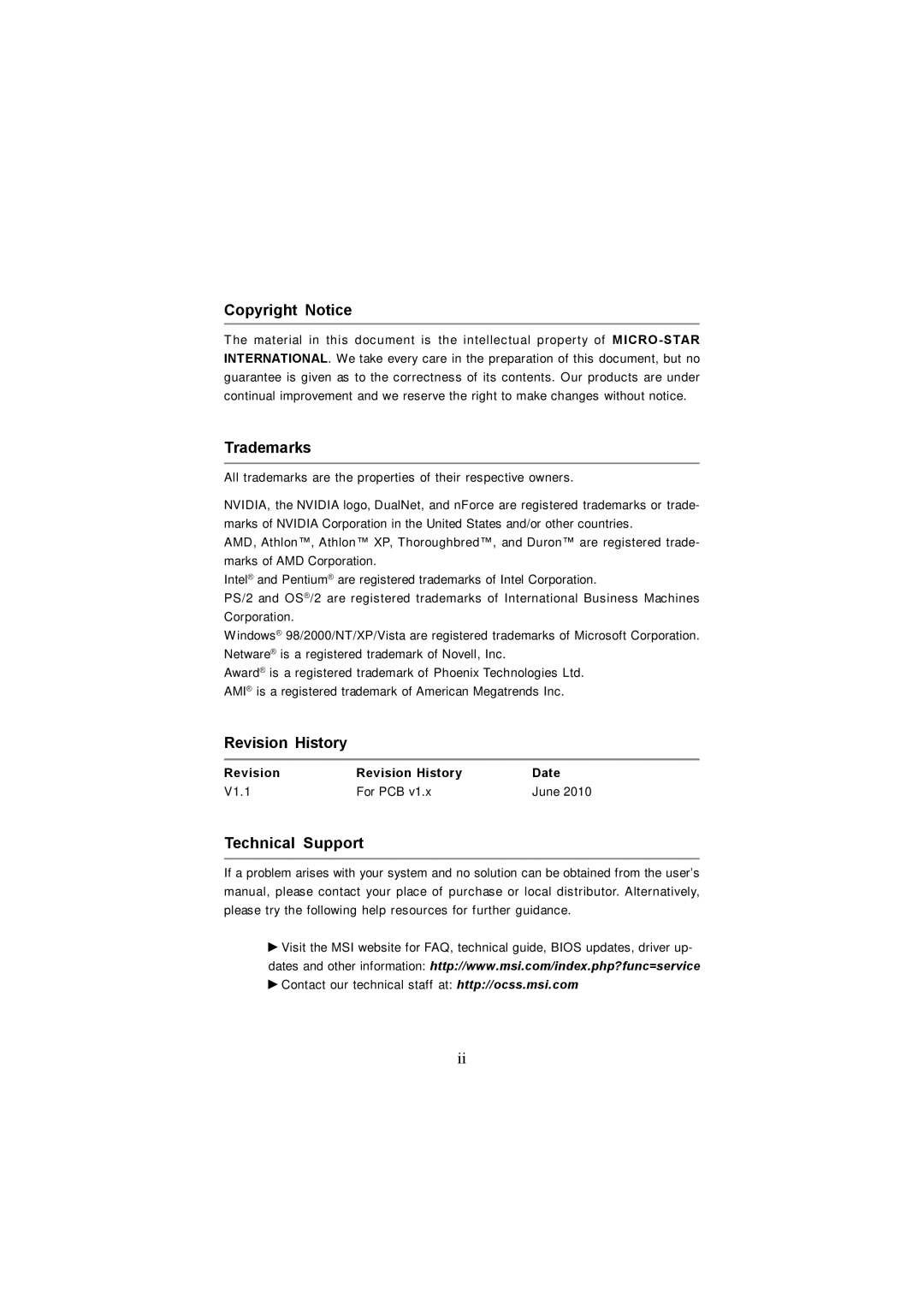 MSI 3200 Network manual Copyright Notice, Trademarks, Revision History, Technical Support 