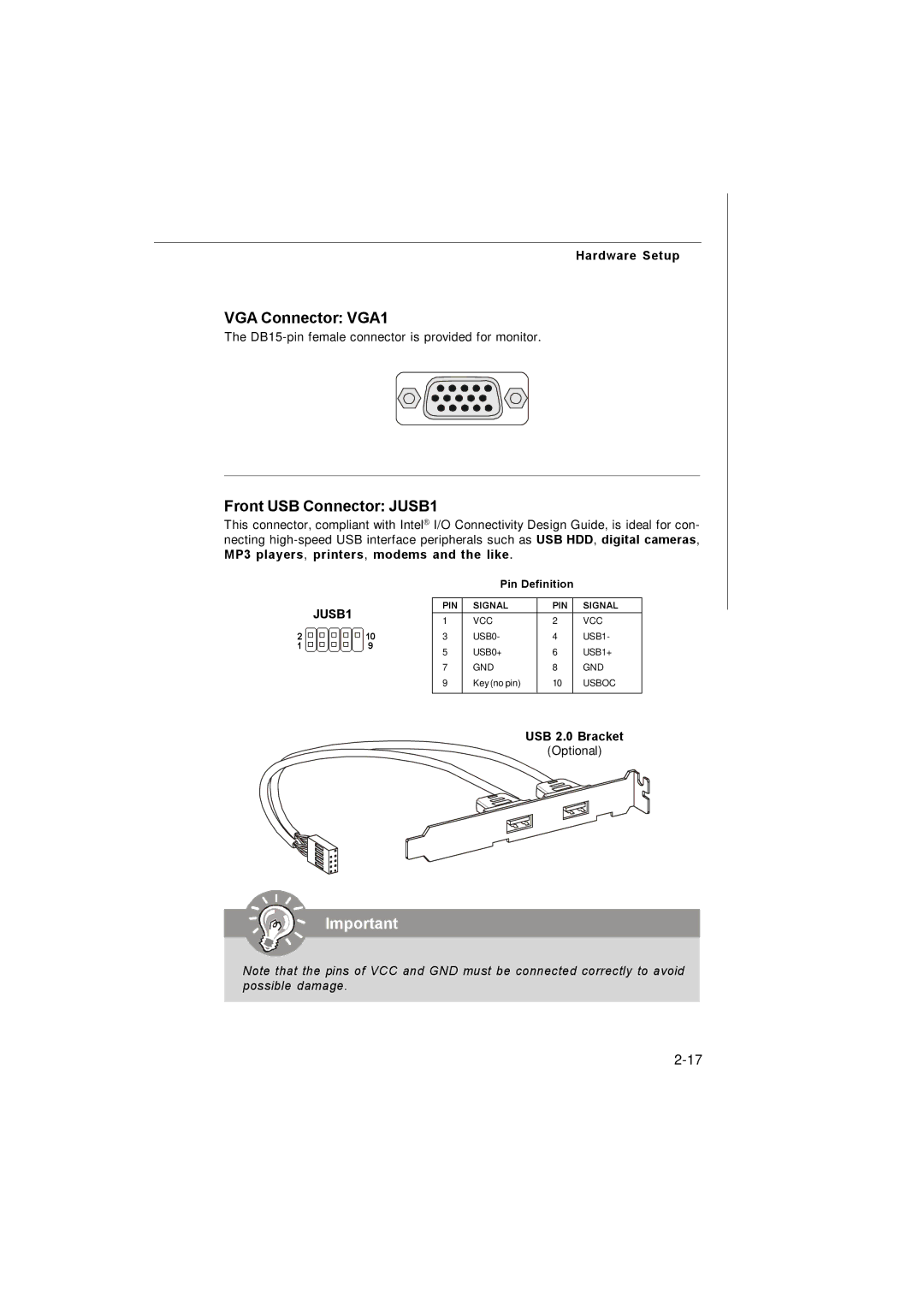 MSI 3200 Network manual VGA Connector VGA1, Front USB Connector JUSB1, USB 2.0 Bracket 