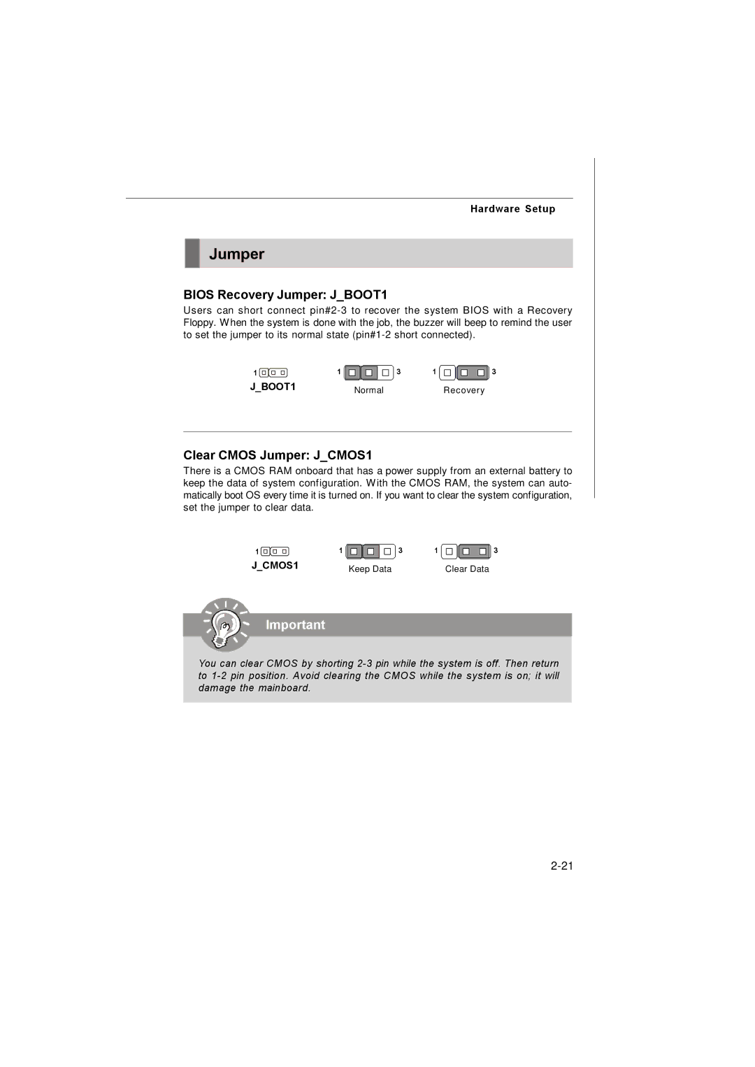 MSI 3200 Network manual Bios Recovery Jumper JBOOT1, Clear Cmos Jumper JCMOS1 