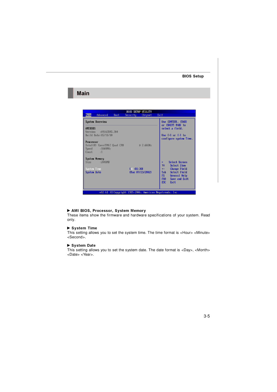 MSI 3200 Network manual Main, AMI BIOS, Processor, System Memory, System Time, System Date 