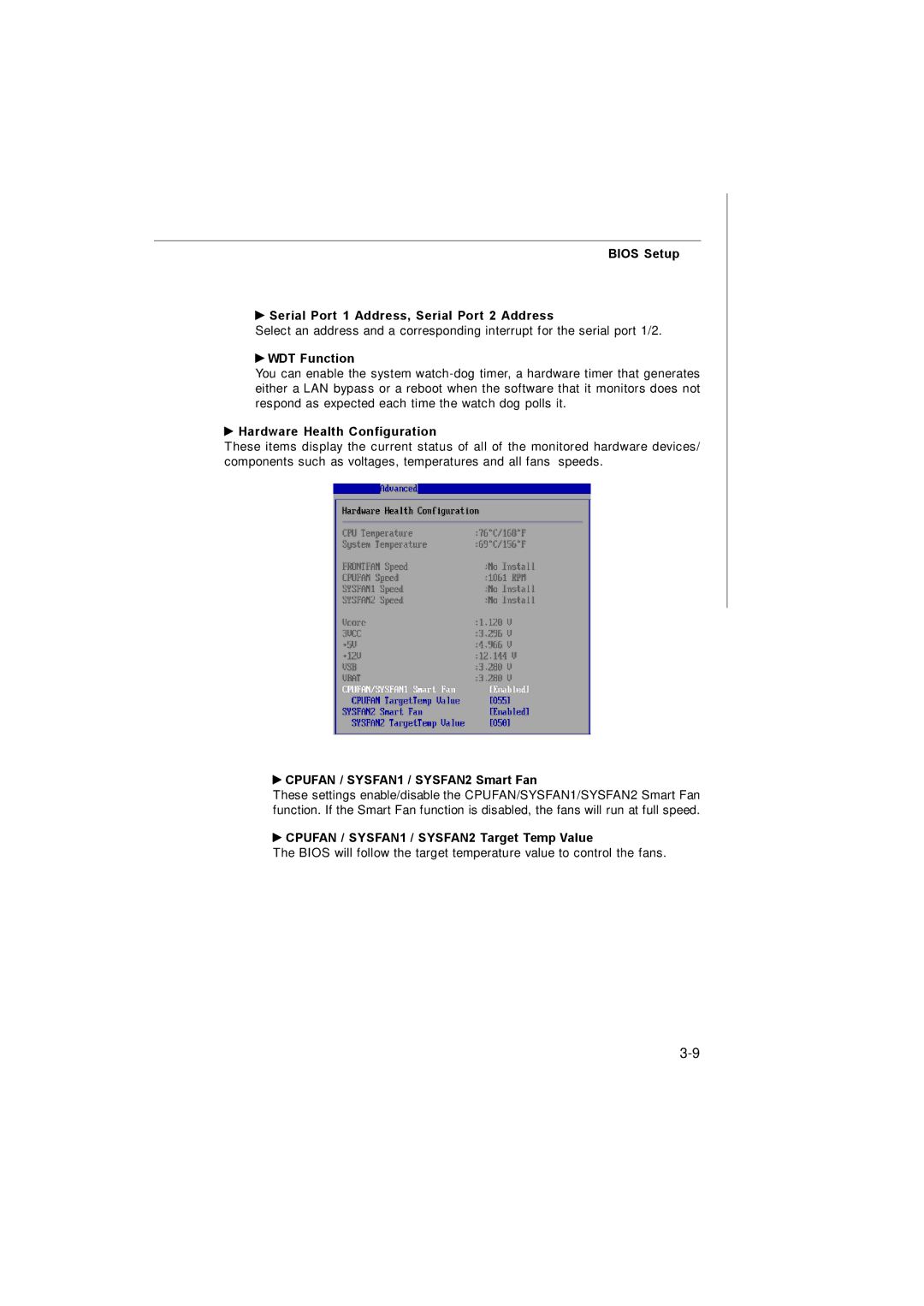 MSI 3200 Network Bios Setup Serial Port 1 Address, Serial Port 2 Address, WDT Function, Hardware Health Configuration 