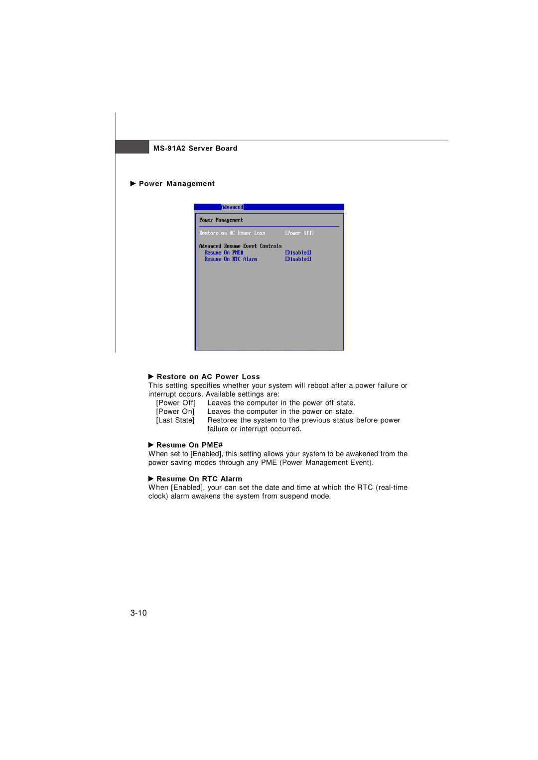 MSI 3200 Network manual Resume On PME#, Resume On RTC Alarm 