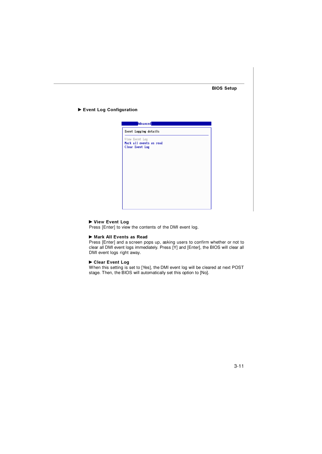 MSI 3200 Network manual Bios Setup Event Log Configuration View Event Log, Mark All Events as Read, Clear Event Log 