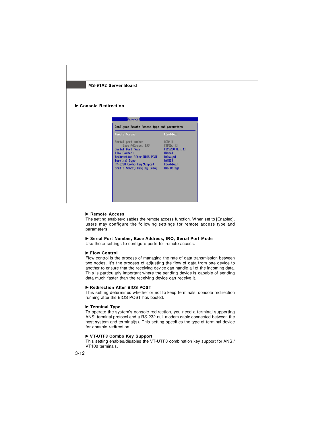 MSI 3200 Network manual MS-91A2 Server Board Console Redirection Remote Access, Redirection After Bios Post, Terminal Type 